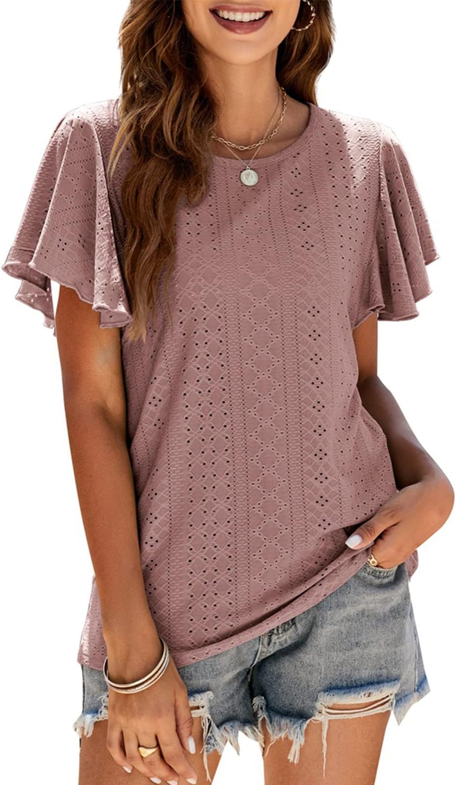 Womens Summer Tops Ruffle Sleeve T Shirts Crew Neck Casual Tunic Shirts Blouse