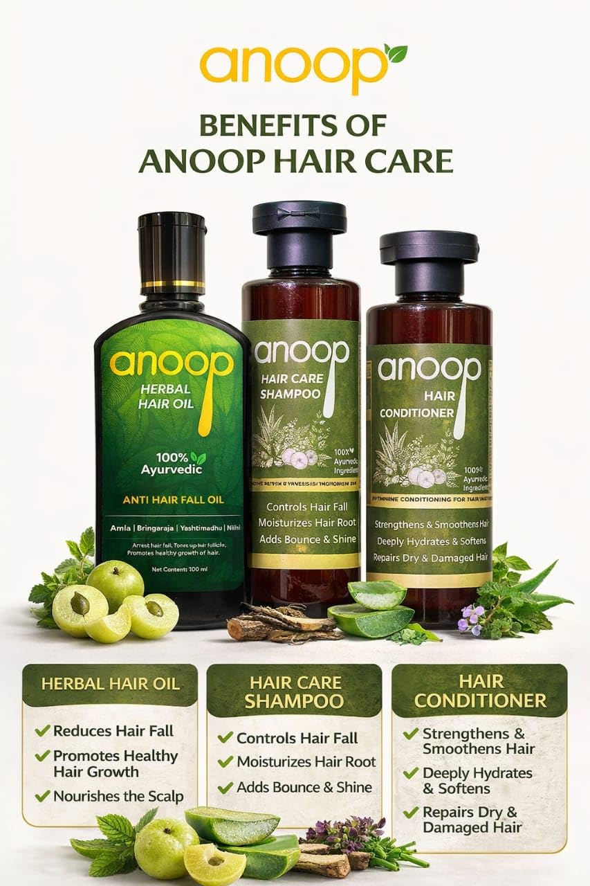 Anoop Hair Care Combo Pack (Hair Oil + Shampoo + Conditioner) – Herbal Hair Fall Control Set
