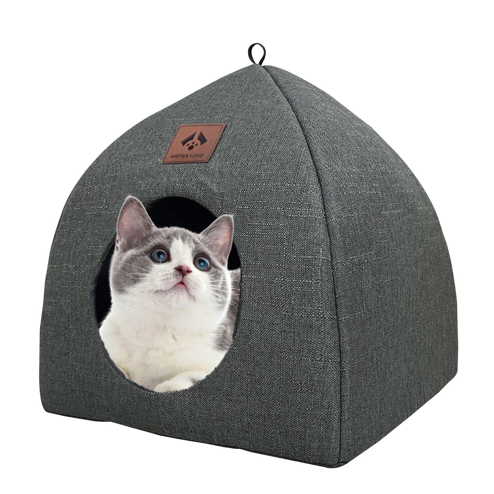 Niche pour chat en lin 2 en 1 : maison triangulaire et lit amovible