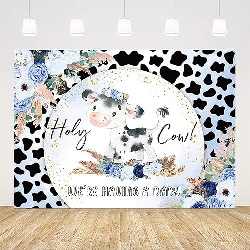 Miniatura 2 de Fondo de baby shower de vaca sagrada de 7 x 5 pies para niño, estampado de piel de vaca con texto en inglés "We Are Having a Baby", estampado