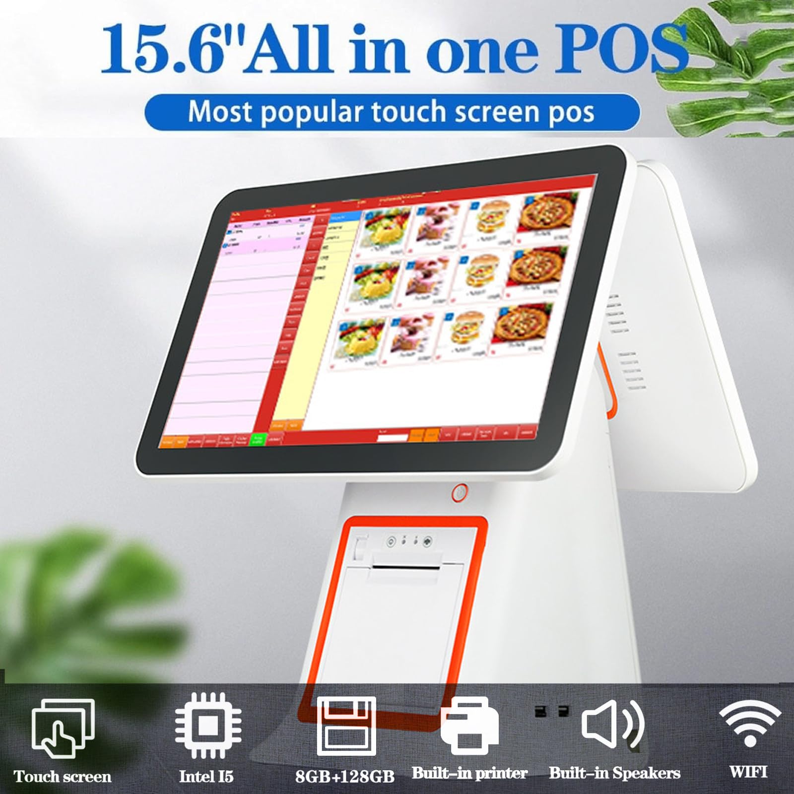 Caja registradora táctil de doble pantalla, sistema TPV táctil de 15,6 pulgadas para pequeñas empresas, módulo WiFi para caja registradora todo en uno(White)