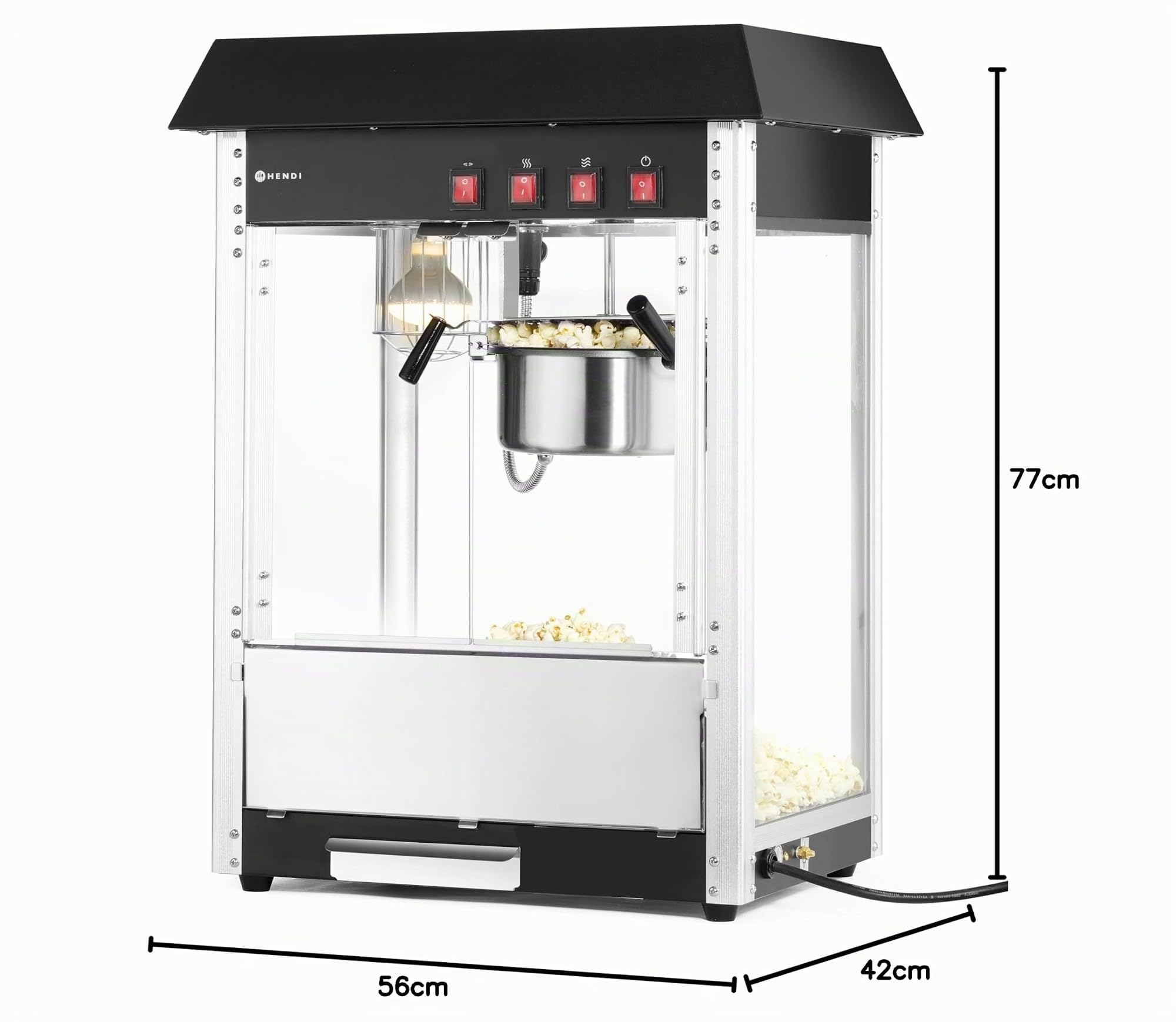HENDI Popcornmaschine, mit Schaufel, Heizpfanne mit Rührwerk, beleuchteter Innenraum, Popcorn Maker, Warmhaltevitrine, 230V/1155W, 560x420x(H)760mm, Edelstahl, Aluminium, Glas, schwarz