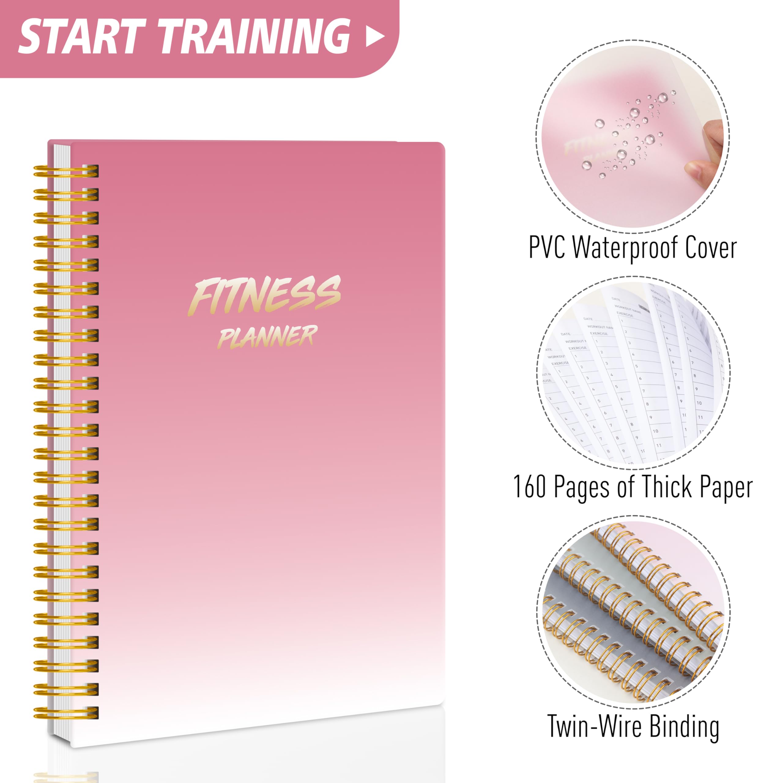 Dziennik fitness, planer treningu dla kobiet i mężczyzn, A5 (14 x 21,5 cm), solidny dziennik treningowy, na siłownię i osobiste treningi domowe, różowy