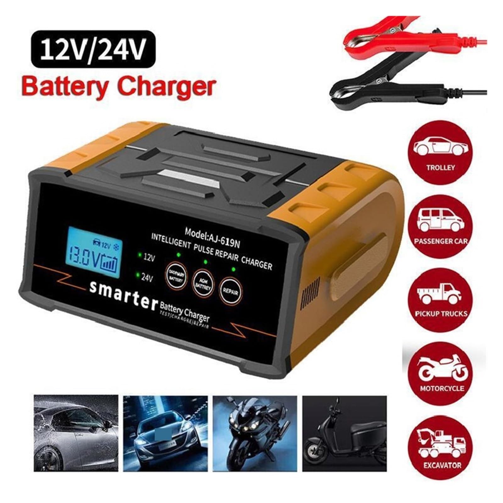 Caricabatteria For Auto 12V 24V Intelligente Ad Alta Potenza Da 400W Trickle Smart Pulse Repair Car Truck Boat Moto Facile Da Usare(Green)
