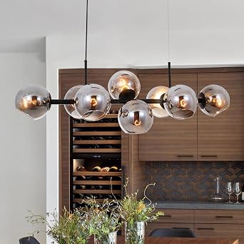 8 Lights Modern Chandelier Black Linear Light Fixture Sputnik Chandelier Glass Globe Pendant Light Smoke Grey Glass Shades Farmhouse Chandeliers for Dining Room Kitchen