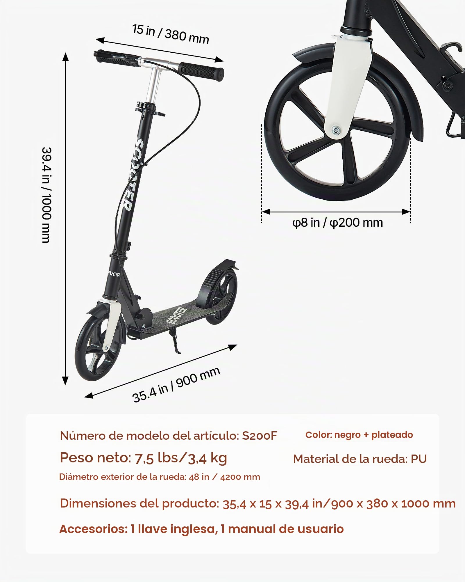 VEVOR Patinete a Niños a Partir de 8 Años, 2 Ruedas, con Manillar Regulable en Altura y Base Antideslizante, Freno Mano, Marco de Aleación Aluminio, hasta 100 kg, Negro Plata, 900 x 380 x 1000 mm