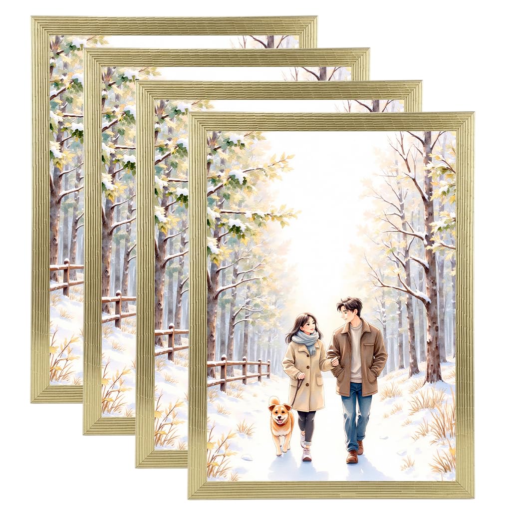 M1SS (Set of 4 - A4 Gold Photo Frame Glass Front A4 Size Picture Frames Certificate Wood Effect Posters Portrait Landscape Wall Mountable Modern Picture Hang Hook Frame for Home Office Wall Décor