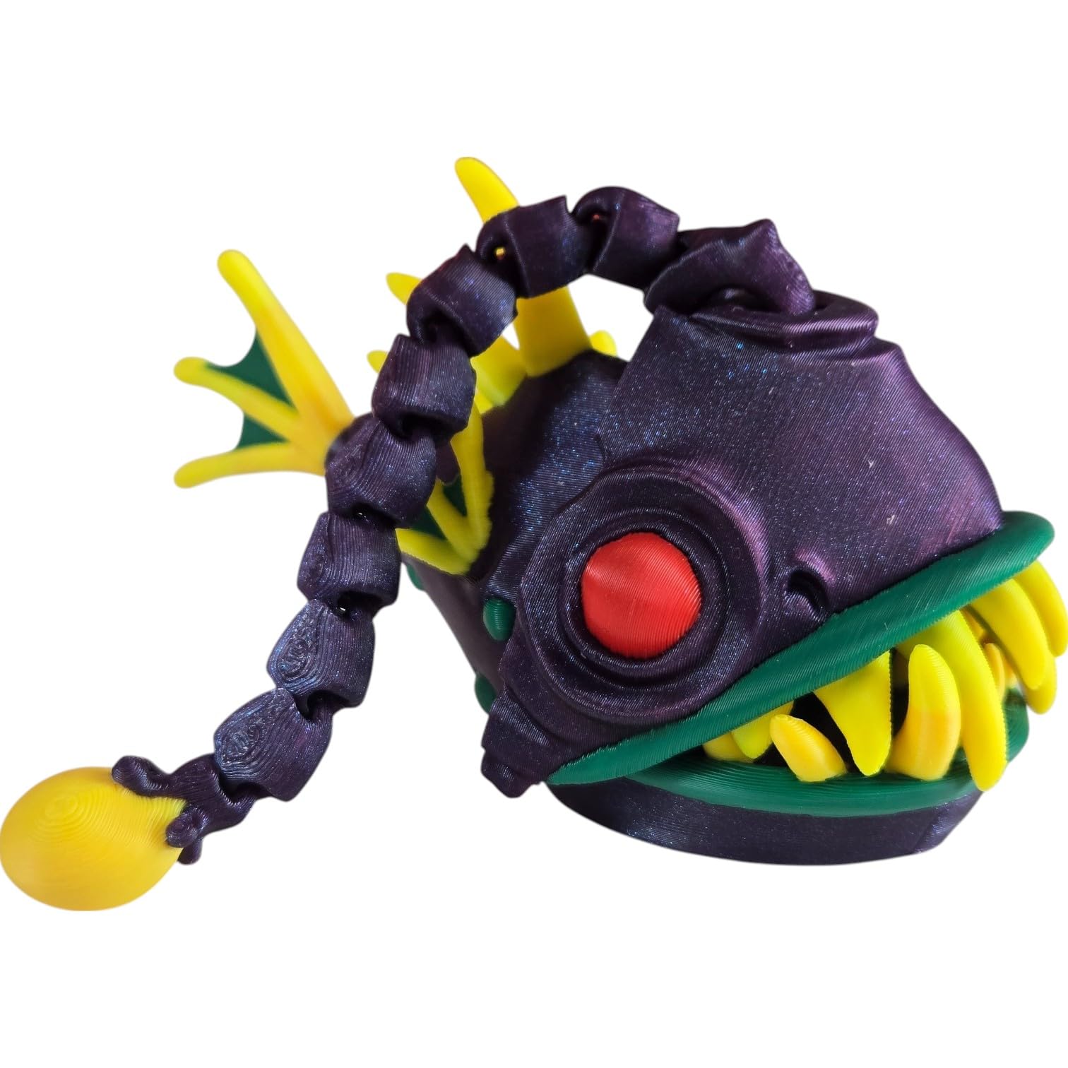 Articulated Twisty Angler Fish Figurine – Flexible Deep Sea Fidget Collectible Decor for Desk or Shelf – Purple & Yellow Design – 3D Printed in Canada