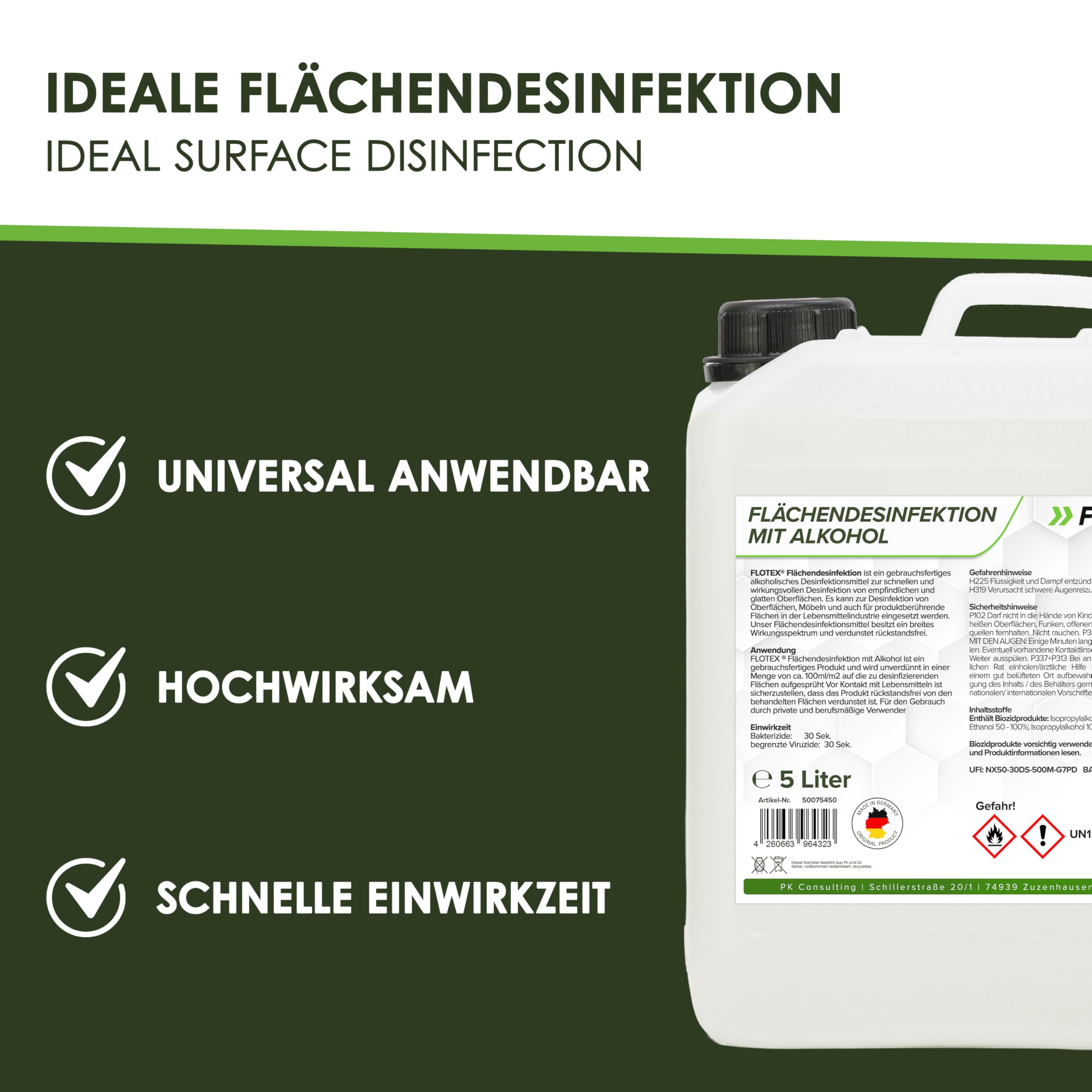 alkoholisches Flächendesinfektionsmittel 5L - Hochwirksame Flächendesinfektion mit Alkohol - Ideales Desinfektionsmittel für alle glatten Oberflächen