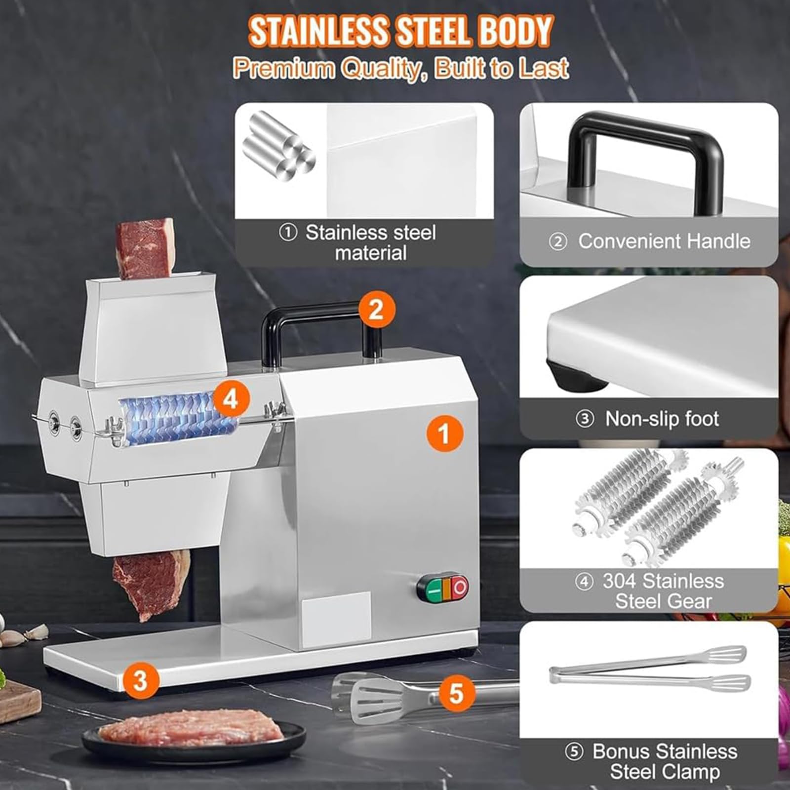 Inteneritore di Carne Elettrico 450W, Cubettatrice Automatica 120 kg/h con Lame in Acciaio Inox, Spessore Regolabile 3–22 mm, Macchina Professionale per Bistecca E Maiale