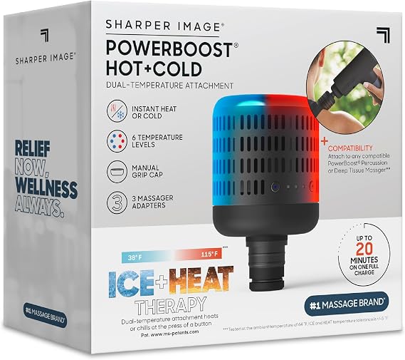 Sharper Image Powerboost Hot + Cold Dual-Temperature Massage Gun Attachment - Instant Heat & Cold, 6 Temperature Levels, Compatible with Powerboost Massage Guns, Black