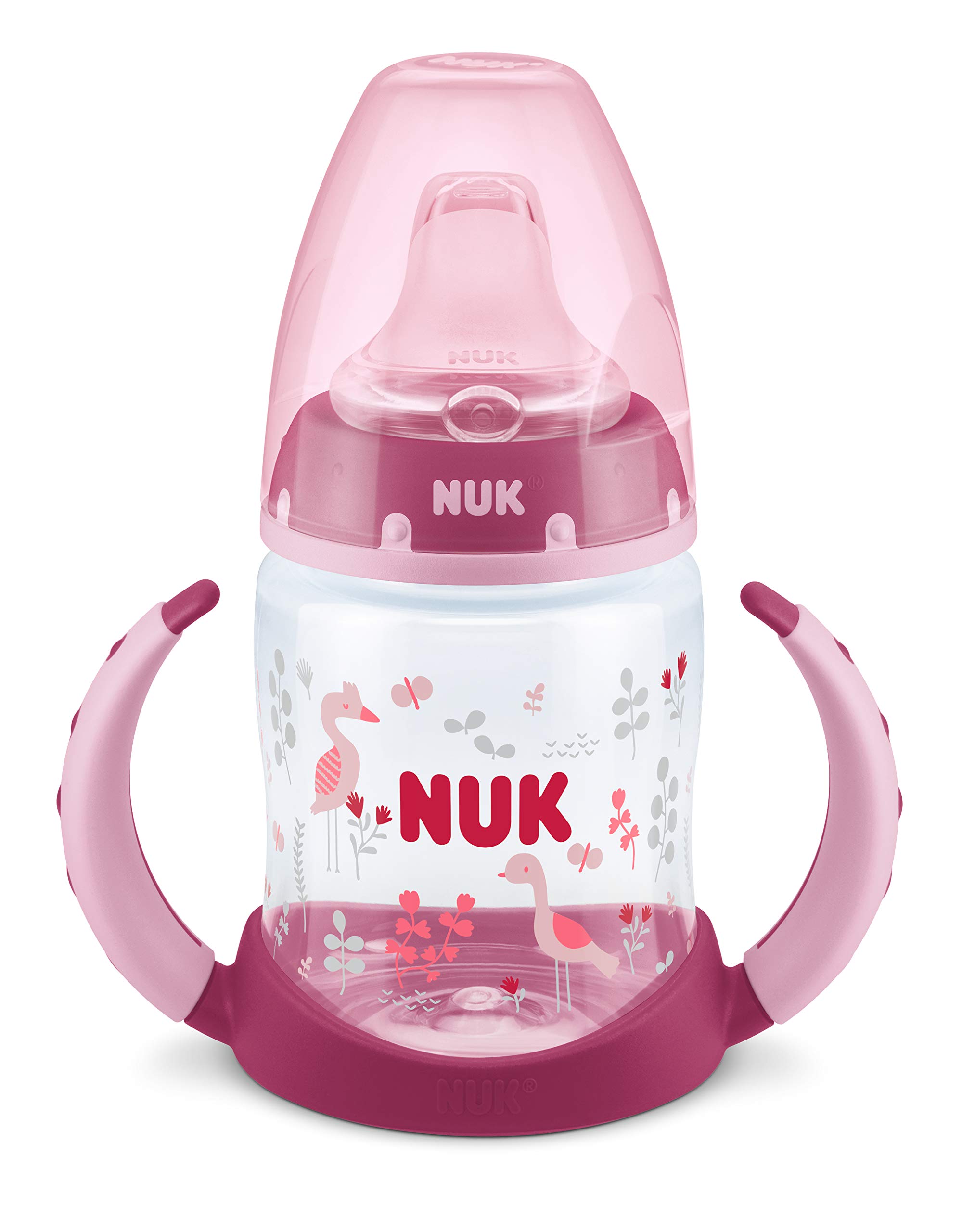 Nuk First Choice Trinklernflasche, Silikon-Trinktülle, 6-18 Monate, 150 ml, Vogel (Rosa)