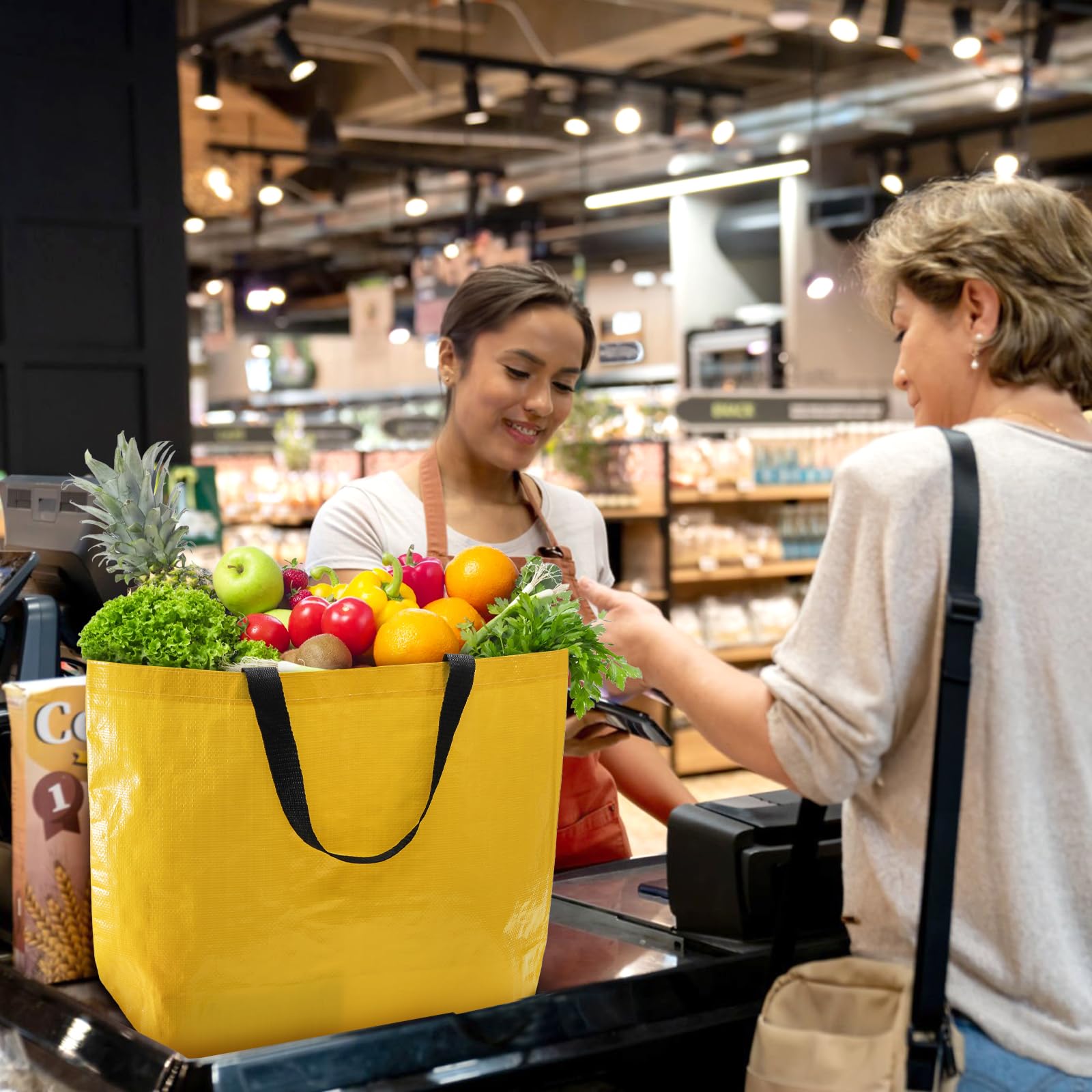12 bolsas de comestibles, bolsa de compras reutilizable resistente con asas, bolsa impermeable de tamaño mediano para frutas, verduras, ropa, botellas, bebidas, organización, Amarillo, azul,