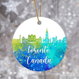 Watercolor Canada Toronto City Skyline Ornament Canada Toronto Cityscape Ceramic Hanging Pendant Round Porcelain Travel Souvenirs Xmas Tree Wedding Holiday Party Home Decor 3 inch