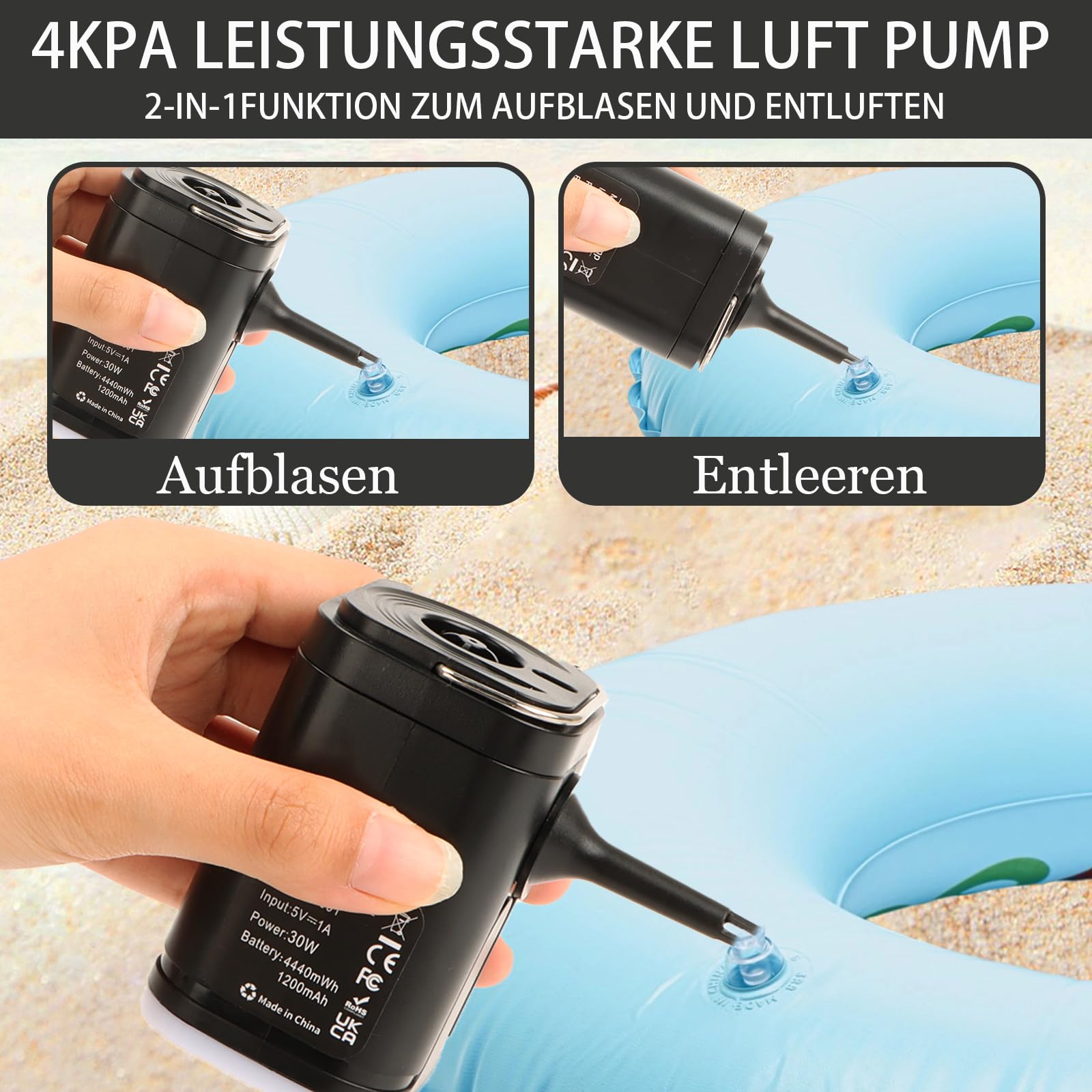 Elektrische Luftpumpe für Luftmatratze Klein Tragbare Elektrische Luftpumpe mit 6 Düsen 4000Pa 1200 mAh für Matratze Vakuumbeutel Paddeln Pool Schwimmer