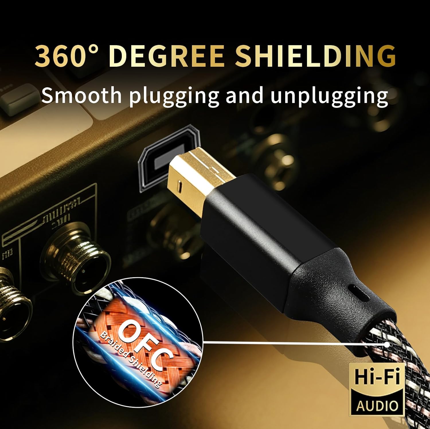 3.0 USB 9.84ft HiFi Audio Cable -USB A to USB B,4N OFC Core,24K Gold-Plated Connectors,USB A to B Cable with Nylon Braid,Compatible with Sound Card,Mixer,Synthesizer(9.84ft/3m)