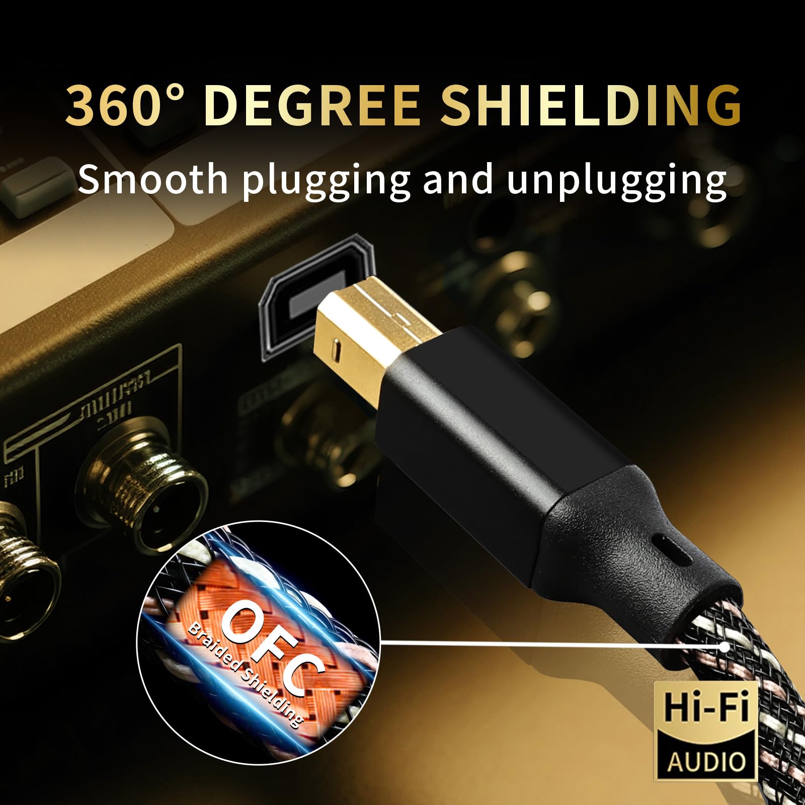 Cavo audio HiFi USB da 3 m, da USB A a USB B, nucleo OFC 4N, connettori placcati oro 24K, cavo USB A a B con treccia in nylon, compatibile con scheda audio, mixer, sintetizzatore (3 m)