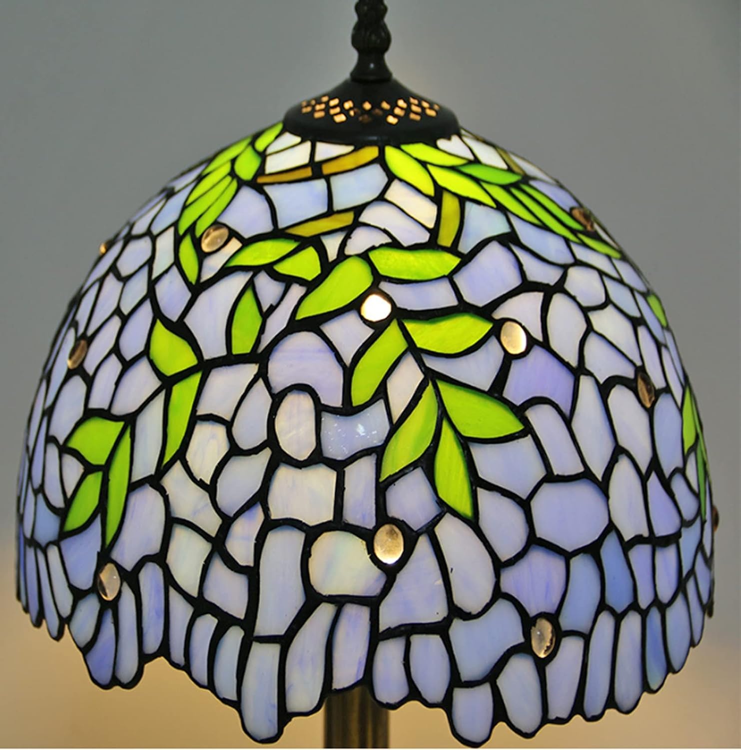 Tiffany Style Table Lamp Stained Glass Purple Bedside Desk Light W12inch 18inch Tall Green Leaves Lampshade Antique Base Lover Parent Friend Kid Bedroom Gift