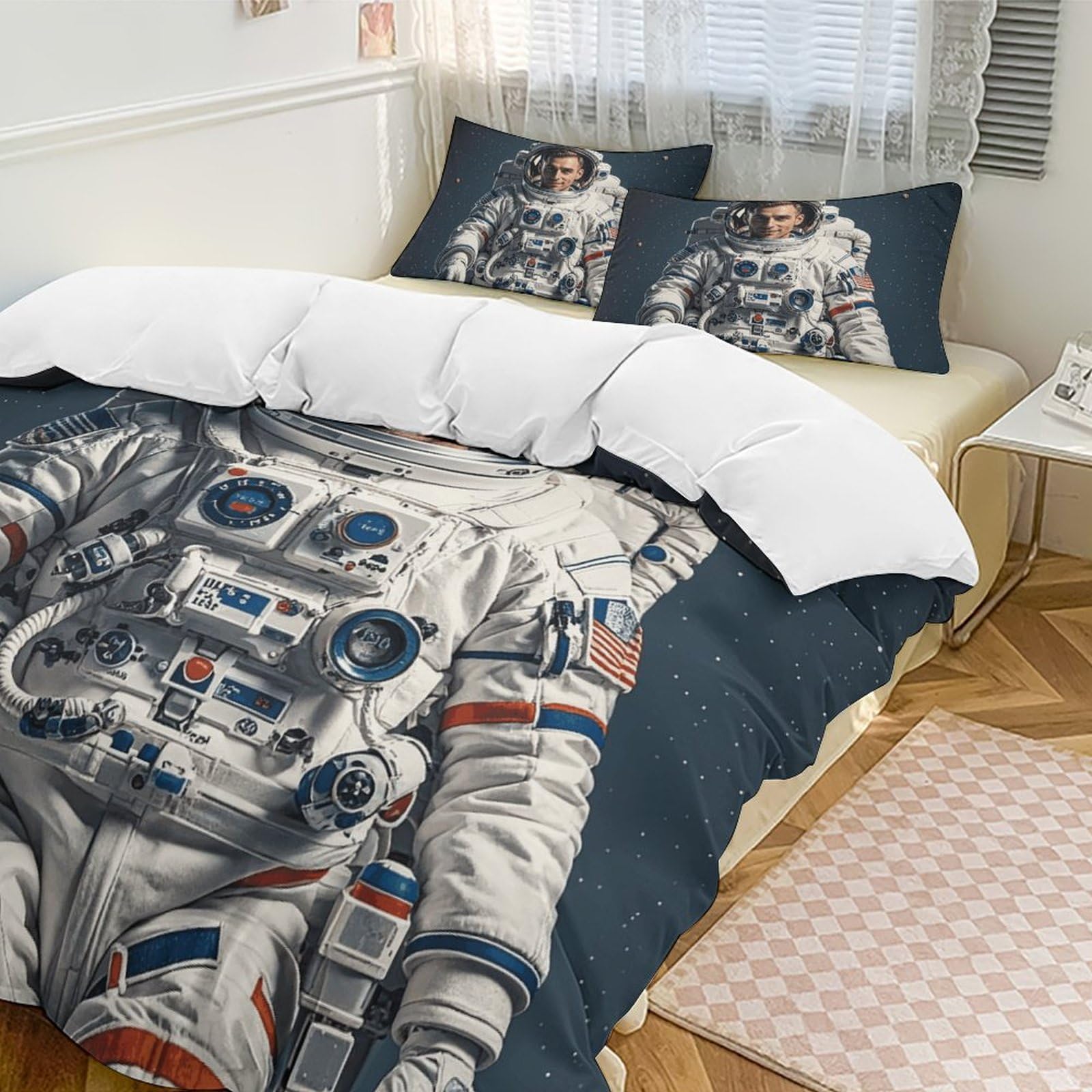 Parure de lit toutes saisons anti-plis en microfibre douce motif astronautes 3 pièces