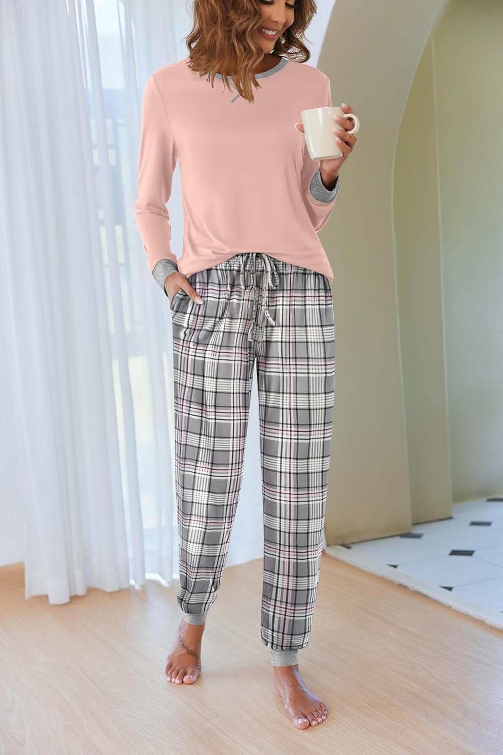 Ekouaer Pajamas For Women Comfy Long Sleeve Jogger Set Lounge Pjs Set With Pockets - Image 2