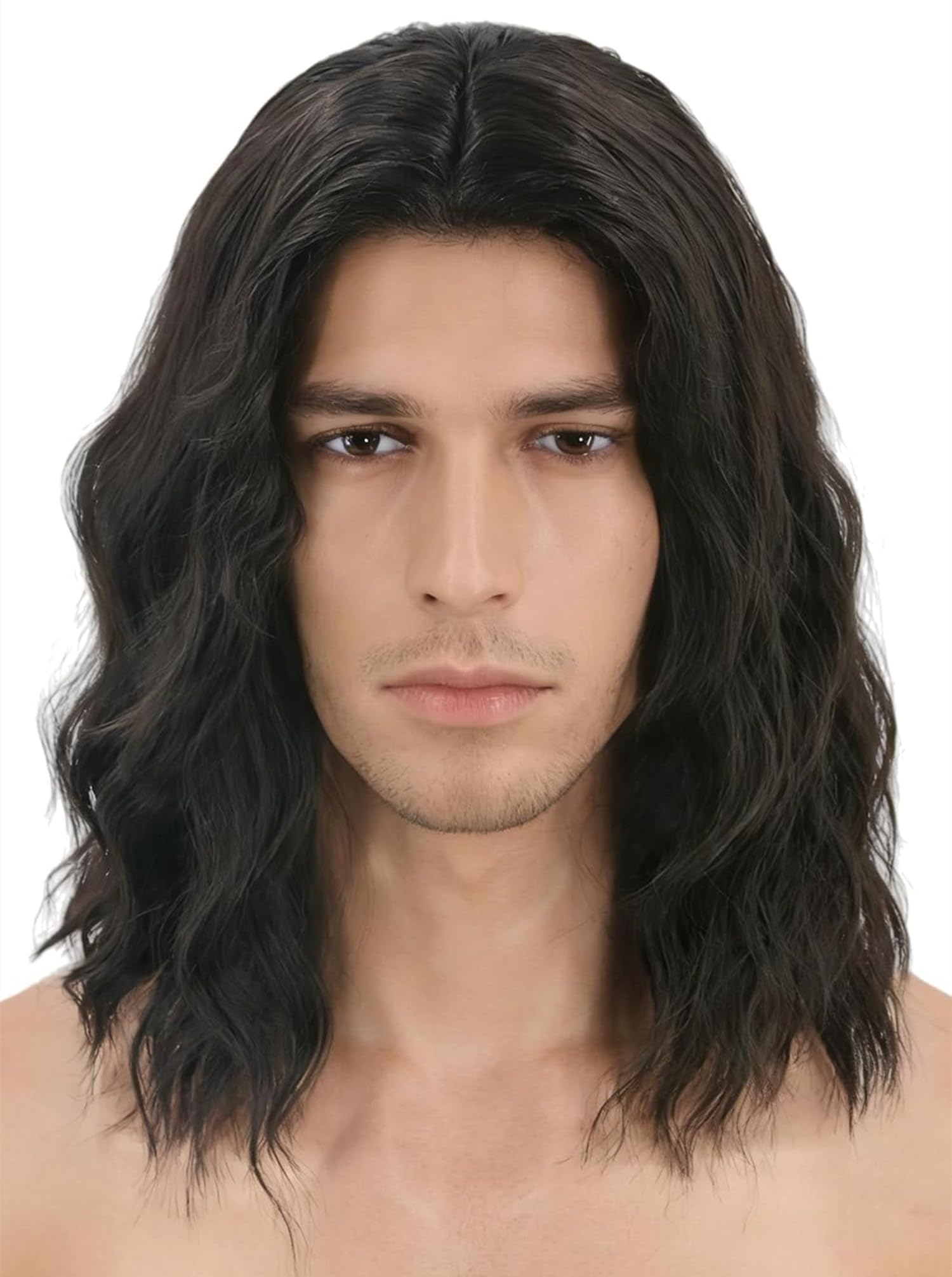 Men's Black Brown Wig Wavy Mid Length Hair Halloween Cosplay Costume Wig