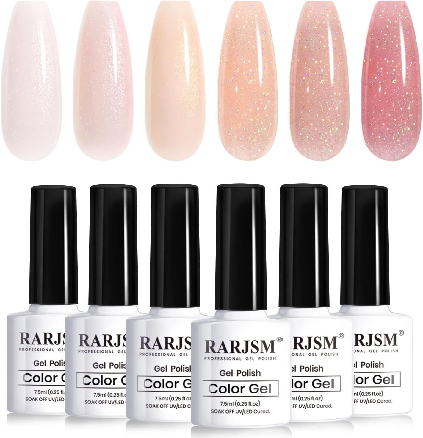 RARJSM Nude Glitter Gel Polish Set 6pcs Shimmery Jelly Nail Polish Iridescent Sparkly Pink Purple Apricot Beige Translucent Natural Skin Tone Color 7.5ml Soak off UV LED Cured