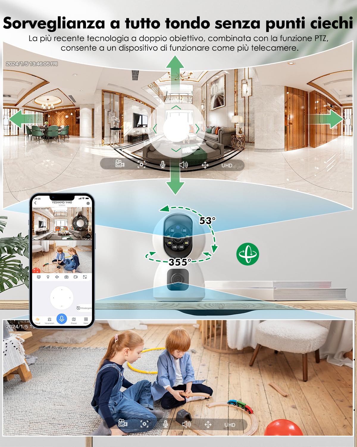 Telecamera Wi-Fi Interno 4MP, 2K Videocamera Sorveglianza con Doppia Lente, PTZ 360°, Visione Notturna, Tracciamento del Movimento e Audio Bi-direzionale, Funziona con Alexa, con WiFi 2.4/5ghz