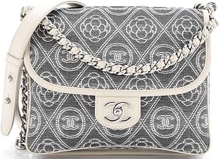 Pre-Loved Camellia Double Side Flap Bag Quilted Printed Canvas Small, Gray