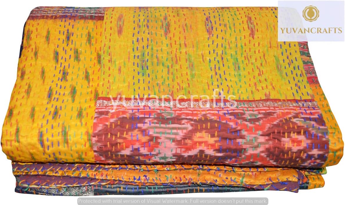 YUVANCRAFTS Indian Handmade Silk Patola Patchwork Kantha Quilt Traditional Silk Multi Color Kantha Throw Blanket Bedspread Coverlet (Twin Size)