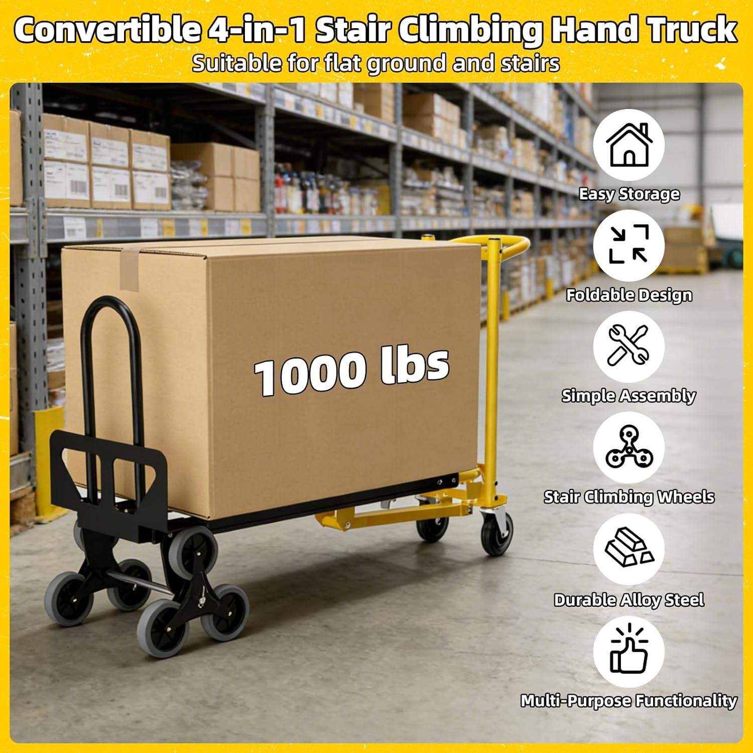 4 in 1 Convertible Hand Truck Dolly Cart with Wheels, 1000Lbs Capacity, Heavy Duty Stair Climbing Hand Trucks with Bungee Cord & Strap for Flat Ground & Stairs, Logistics, Home, Office, Yellow