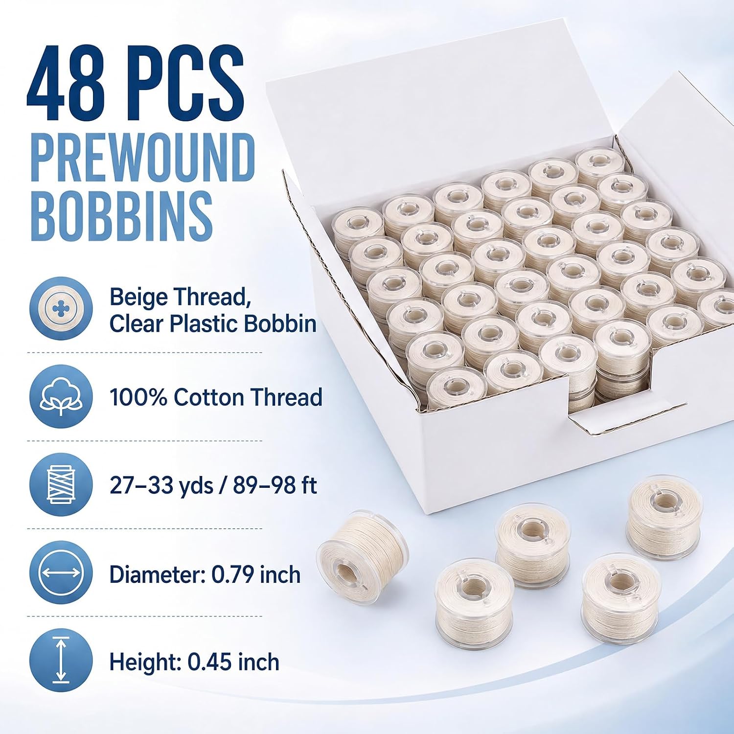 48 Pcs Cotton Prewound Bobbin Thread,White,40s/2(60wt) | Natural Cotton Thread, Class 15 Plastic Bobbins Compatible with Size A SA156, For Sewing Machine Quilting and Embroidery