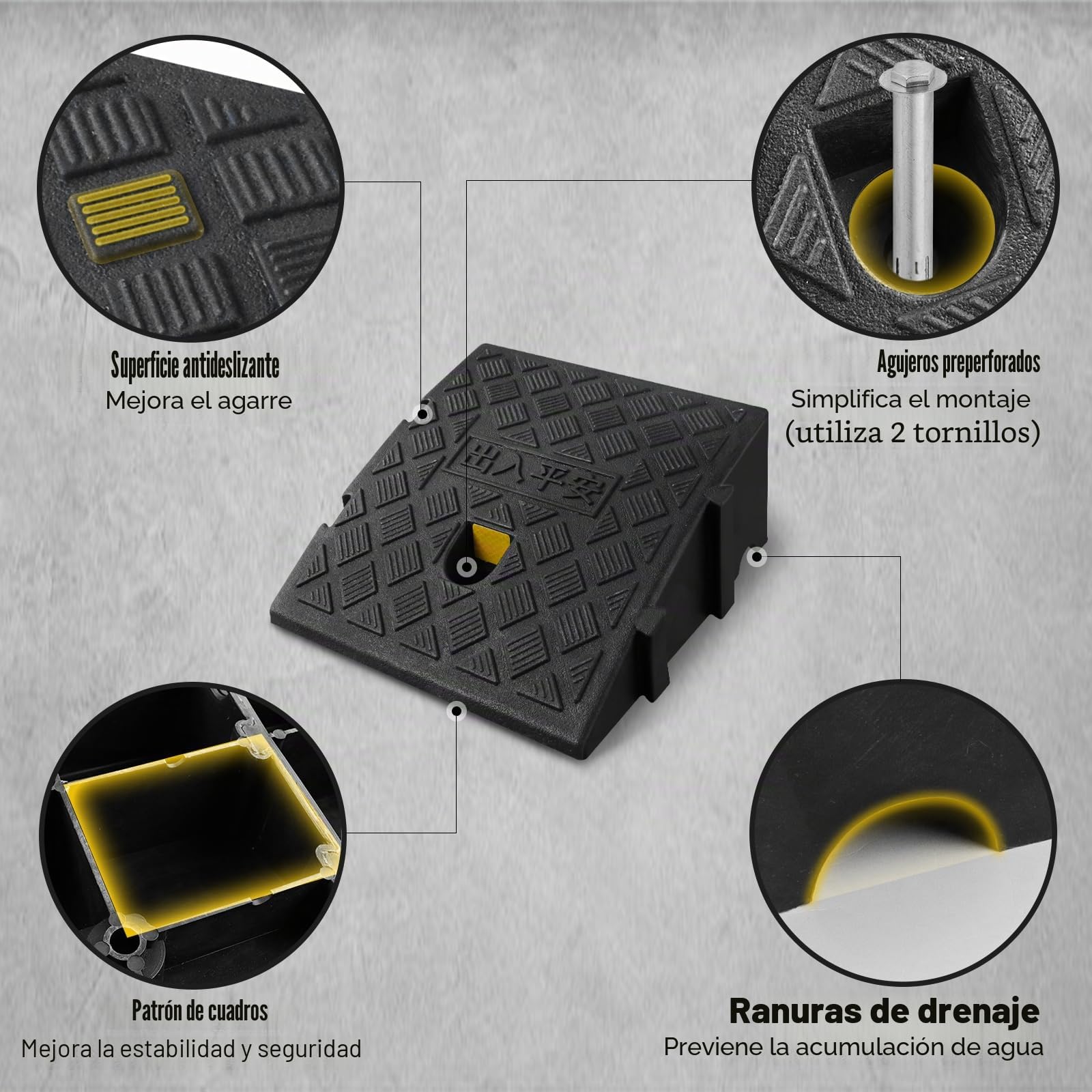 Rampas de bordillo Antideslizantes, 2 Unidades, rampa para Silla de Ruedas, Coches y Motos, plástico Resistente, Altura 7-13 cm, Incluye 2 Pernos de fijación