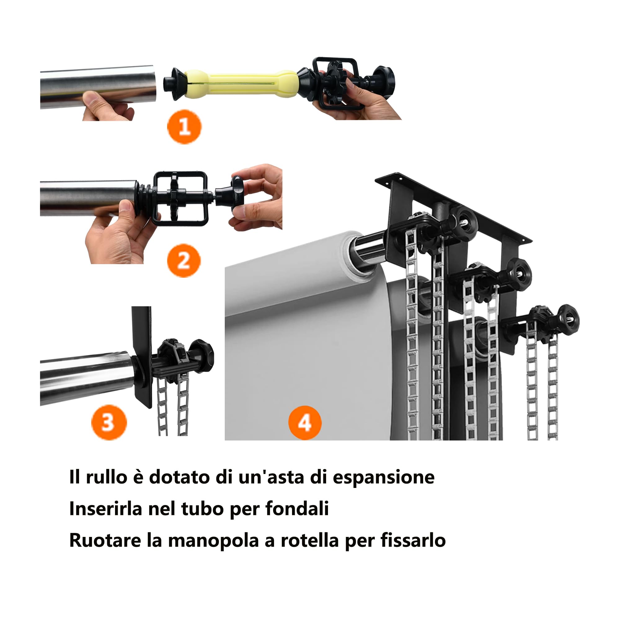 Sistema di supporto per sfondo fotografico, 3 rulli con catene, 3 metri in acciaio inox, traverse da parete/celing/luce da parete, supporto per sfondo, supporto per sfondo