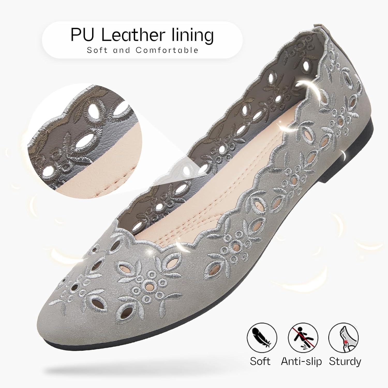 Shupua Women's Comfortable Dress Shoes Ballet Flats Slip On Shoes Black Flats Round Toe PU Leather Flats Summer with Floral Eyelets - Image 6