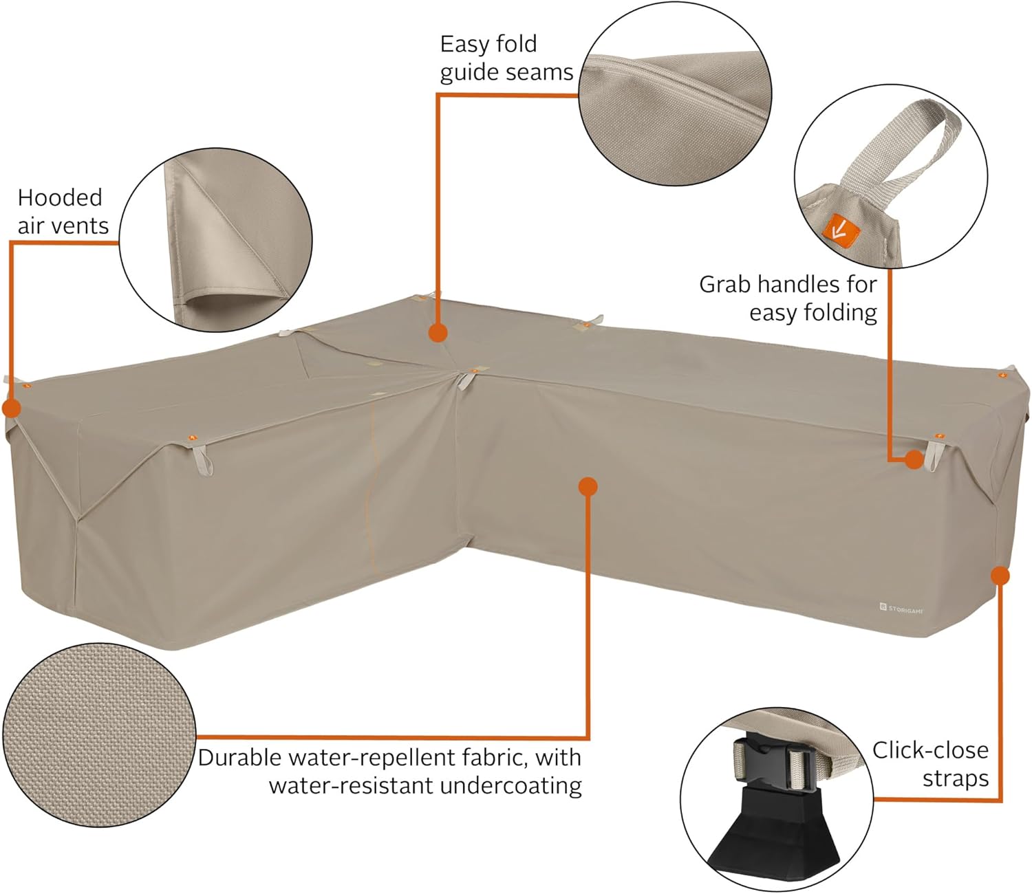 Classic Accessories Storigami Water-Resistant 104 Inch Easy Fold Patio Left-Facing Sectional Lounge Set Cover, Goat Tan, Patio Furniture Covers