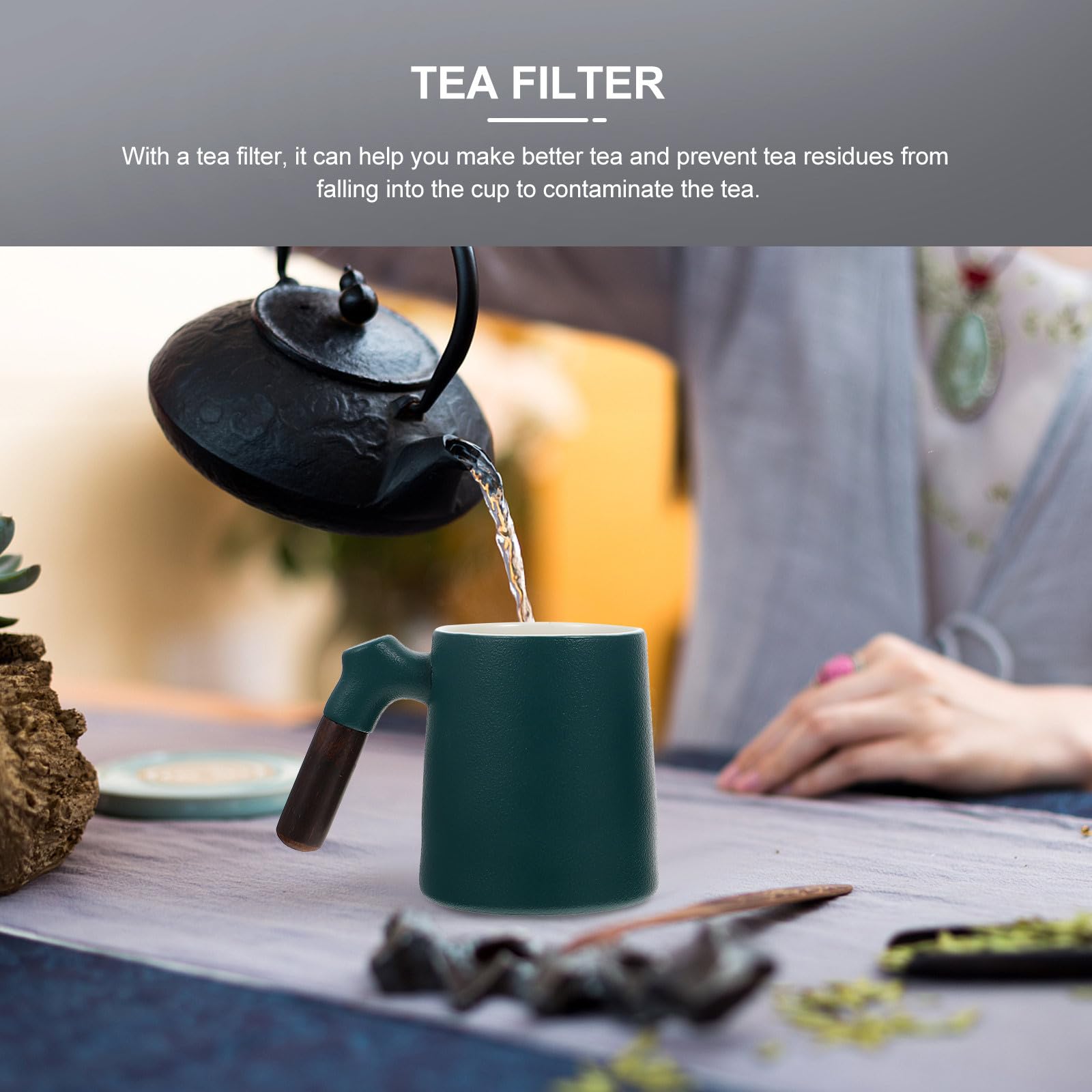 HANABASS Taza de Té con Mango de Madera Antiescaldad y Fondo Antideslizante, Capacidad 320ml, con Infusor y Tapa para Oficina y Hogar