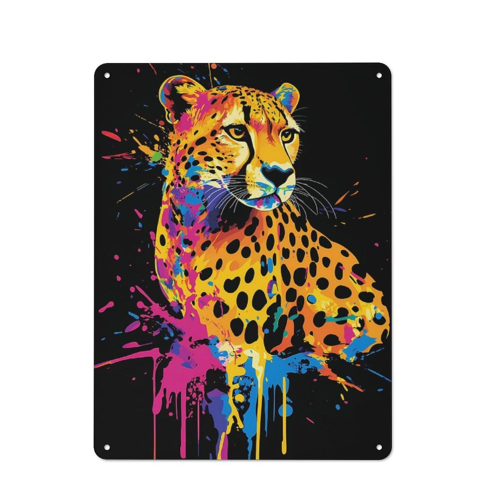 Junmoney Colorful Cheetah Portrait On Black Background Retro-Style Metal Plaque 40X30cm For Garage Or Workshop, For Garage, Workshop And Man Cave Decoration