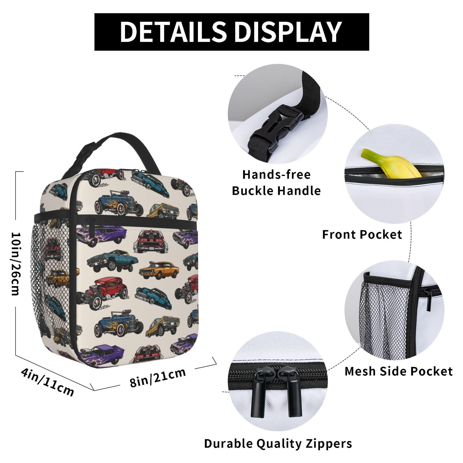 cromcu Insulated Lunch Box for Toddler Boys Kids Cars Lunch Box for Work,Picnic,School,Travel,Hiking,Beach or Fishing Polyester Cars Vintage Colorful Theme Lunch Bag
