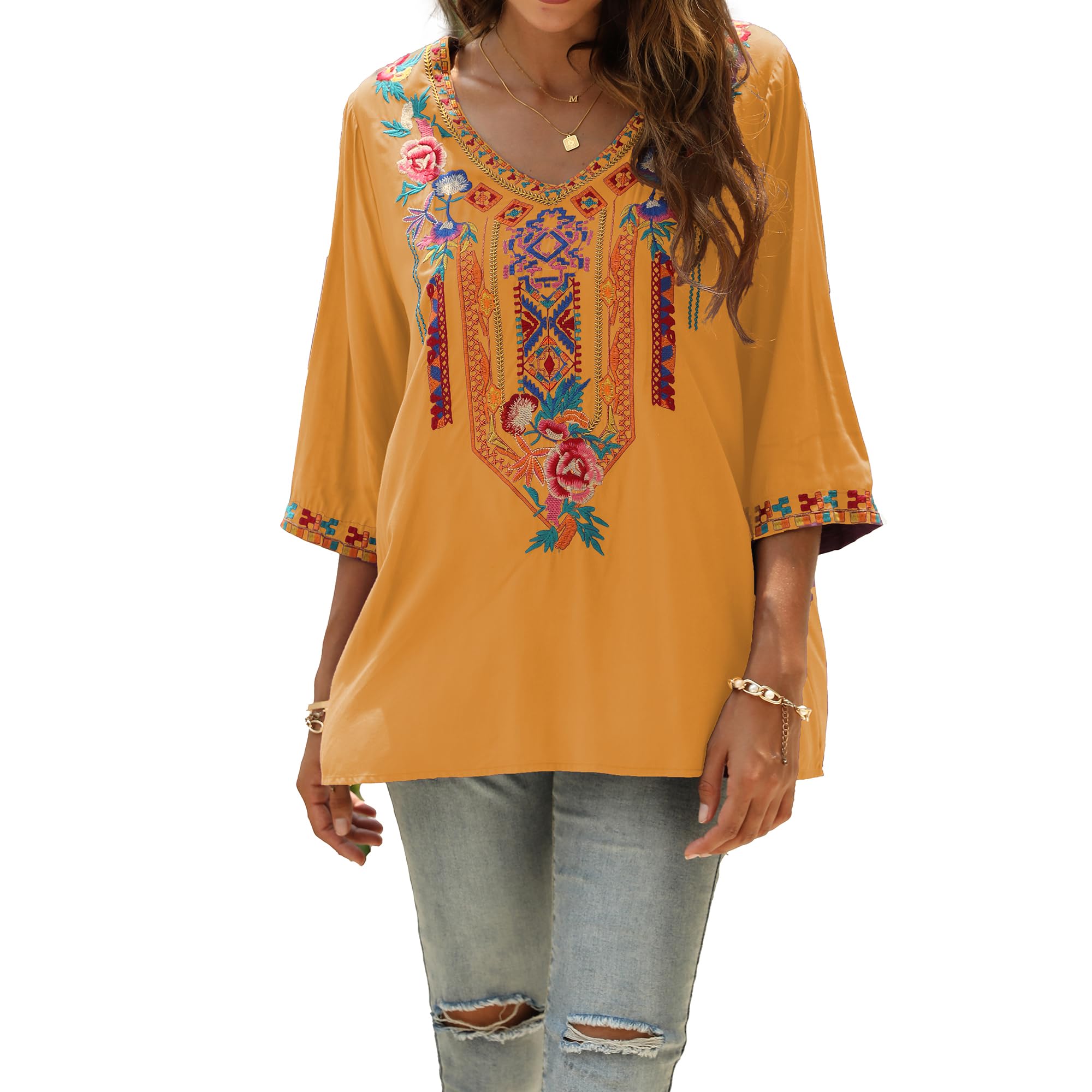 Hippie Vêtements Dames Bohème Folklore Broderie Blouse Manches 3/4 Col V Tunique D'été Haut Décontracté(328,Couleur Orange,2XL)