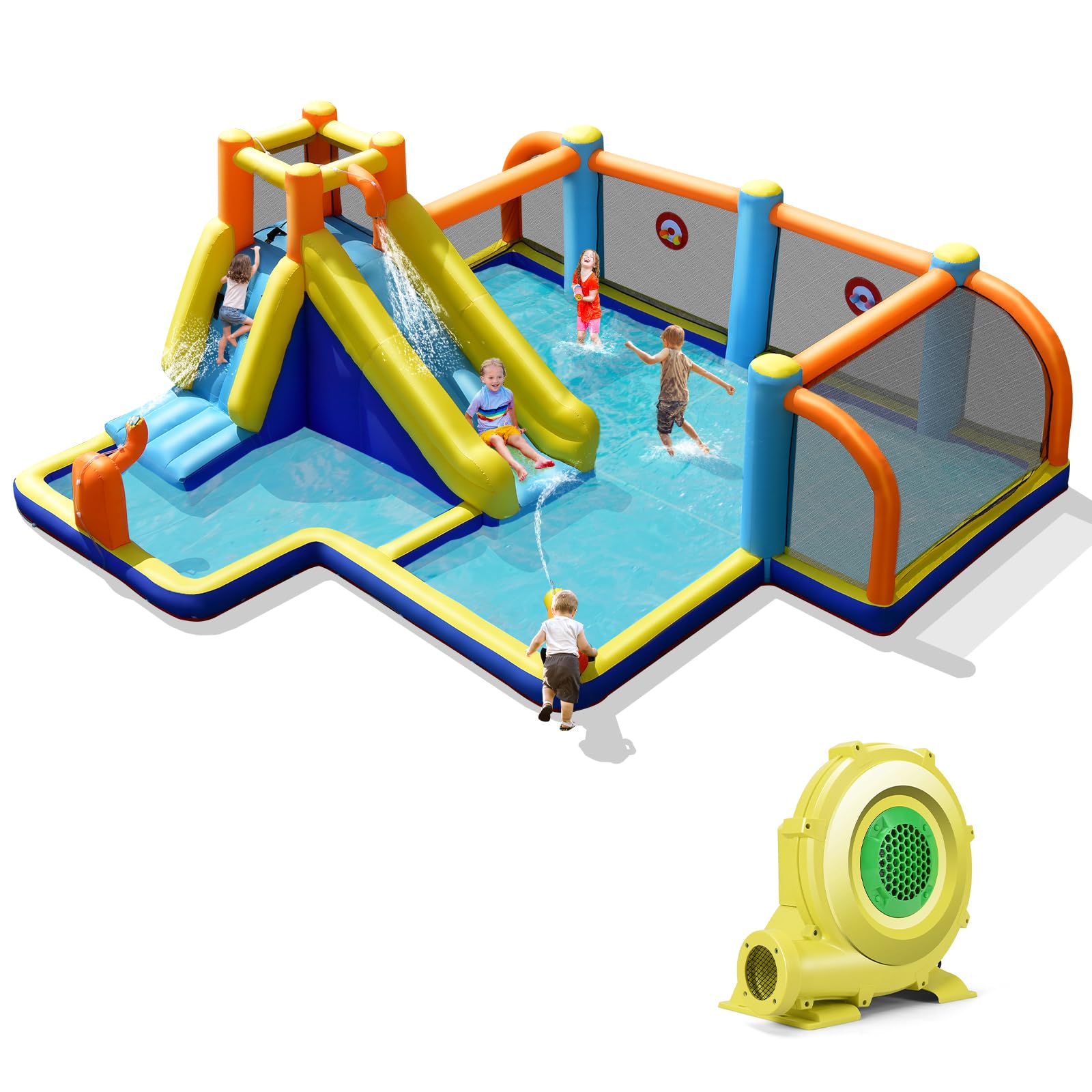 COSTWAY Castello Gonfiabile per bambini, Casa Gonfiabile con Scivolo, Piscina, con Borsa di Trasporto, Soffiatore e Kit di Riparazione, per 5 Bambini di 3-12 Anni, 465 x 500 x 200 cm