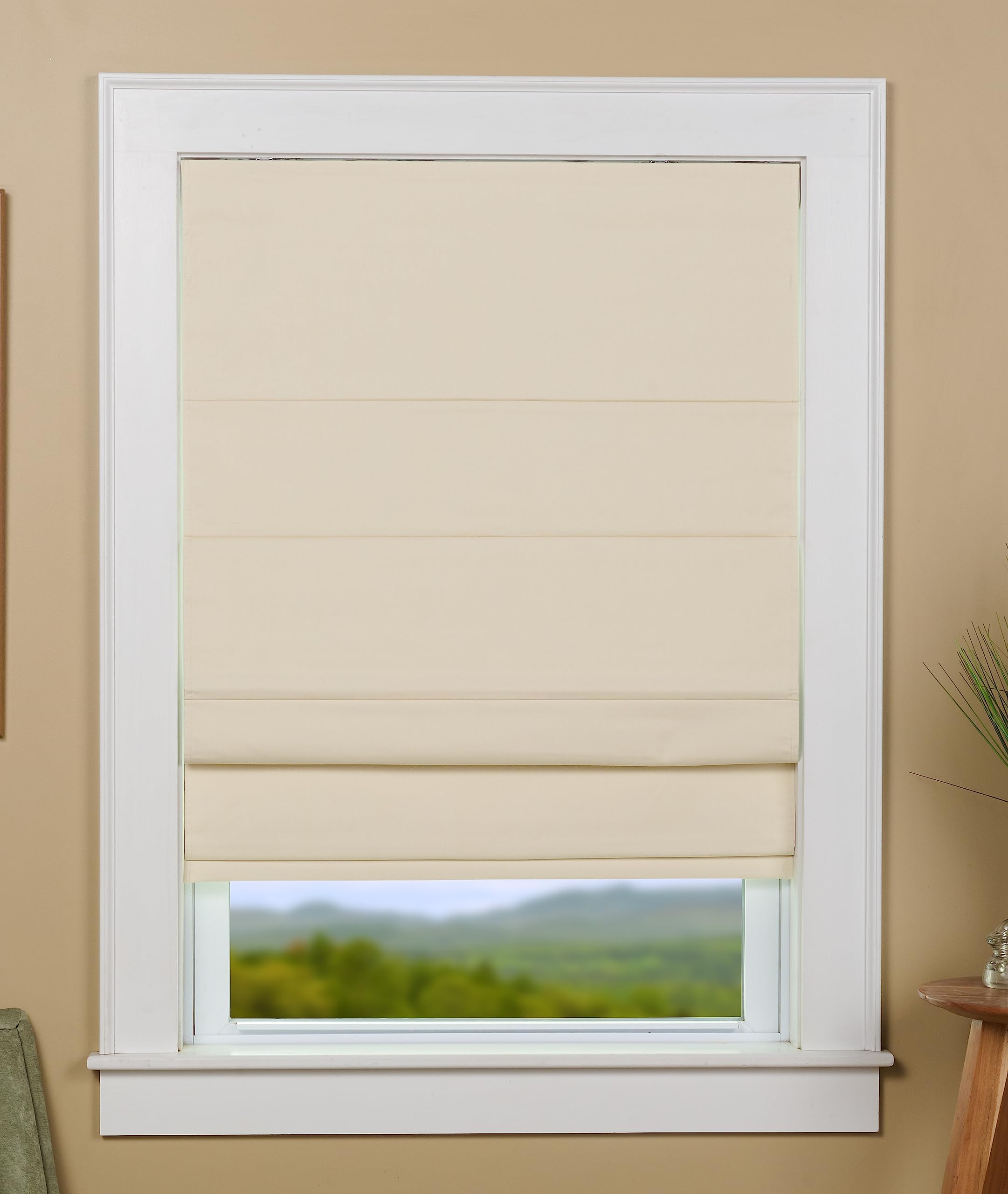 Green Mountain Vista Cotton Blend Fabric Blackout Cordless Roman Shade - Color: Ivory - Room Darkening Roman Shade for Windows - Thermal Backed Insulated Roman Shade (36
