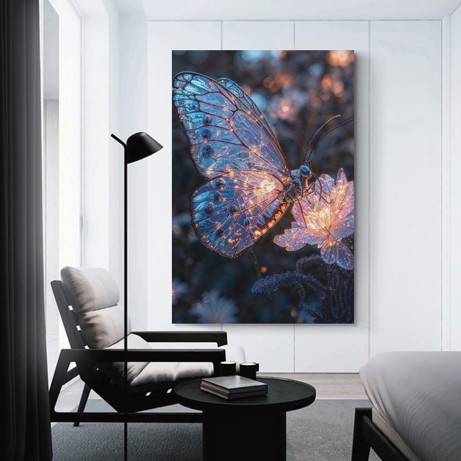 Junmoney Glowing Butterfly on Flower Decorative Wall Artwork, 24x36inch(60x90cm), for Home Lounge, Bedroom Or Reading Nook, Eye Catching Artwork for Blank Walls
