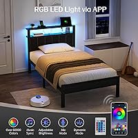 Vista 5 de OLEVS Base de cama individual con luces LED y salidas USB, cama individual de plataforma con cabecera de almacenamiento, no necesita somier, fácil