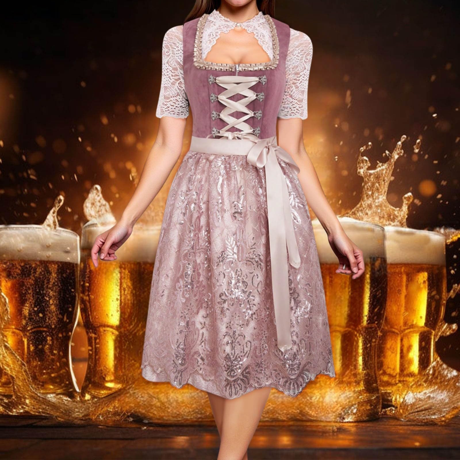 Didadihu Dirndl Damen Midi 2 Teilig mit Schürze,Dirndl Trachtenkleid Dirndlkleid Damen für Oktoberfest Wiesn Trachten Outfit