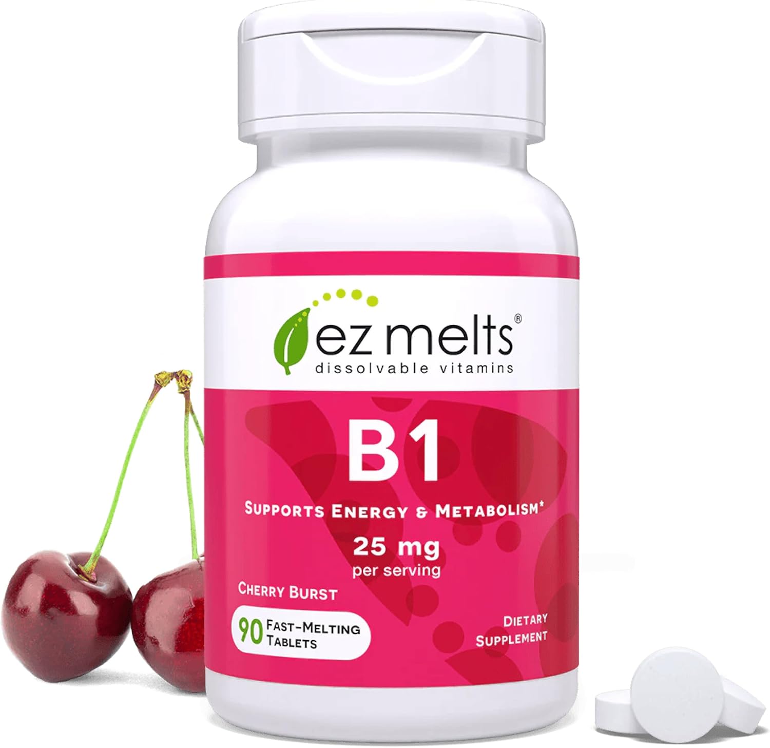 EZ Melts Dissolvable Vitamin B1 25 mg - Thiamin Supplement for Energy, Stress & Cellular Support - No Artificial Flavors - Non-GMO & Vegan - Cherry Burst - 90 Dissolvable Tablets (45 Servings)