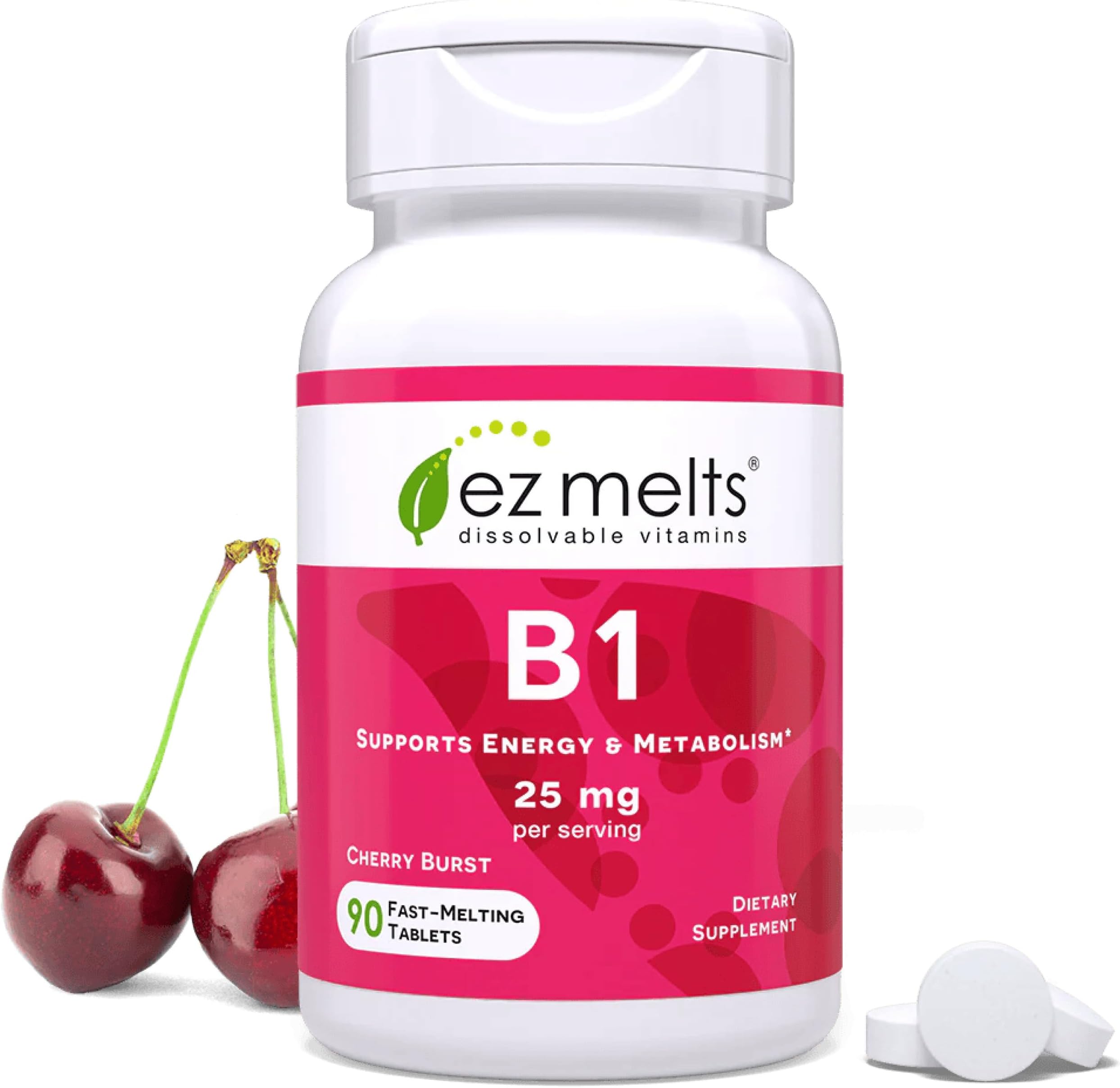 Dissolvable Vitamin B1 25 mg - Thiamin Supplement for Energy, Stress & Cellular Support - No Artificial Flavors - Non-GMO & Vegan - Cherry Burst - 90 Dissolvable Tablets (45 Servings)