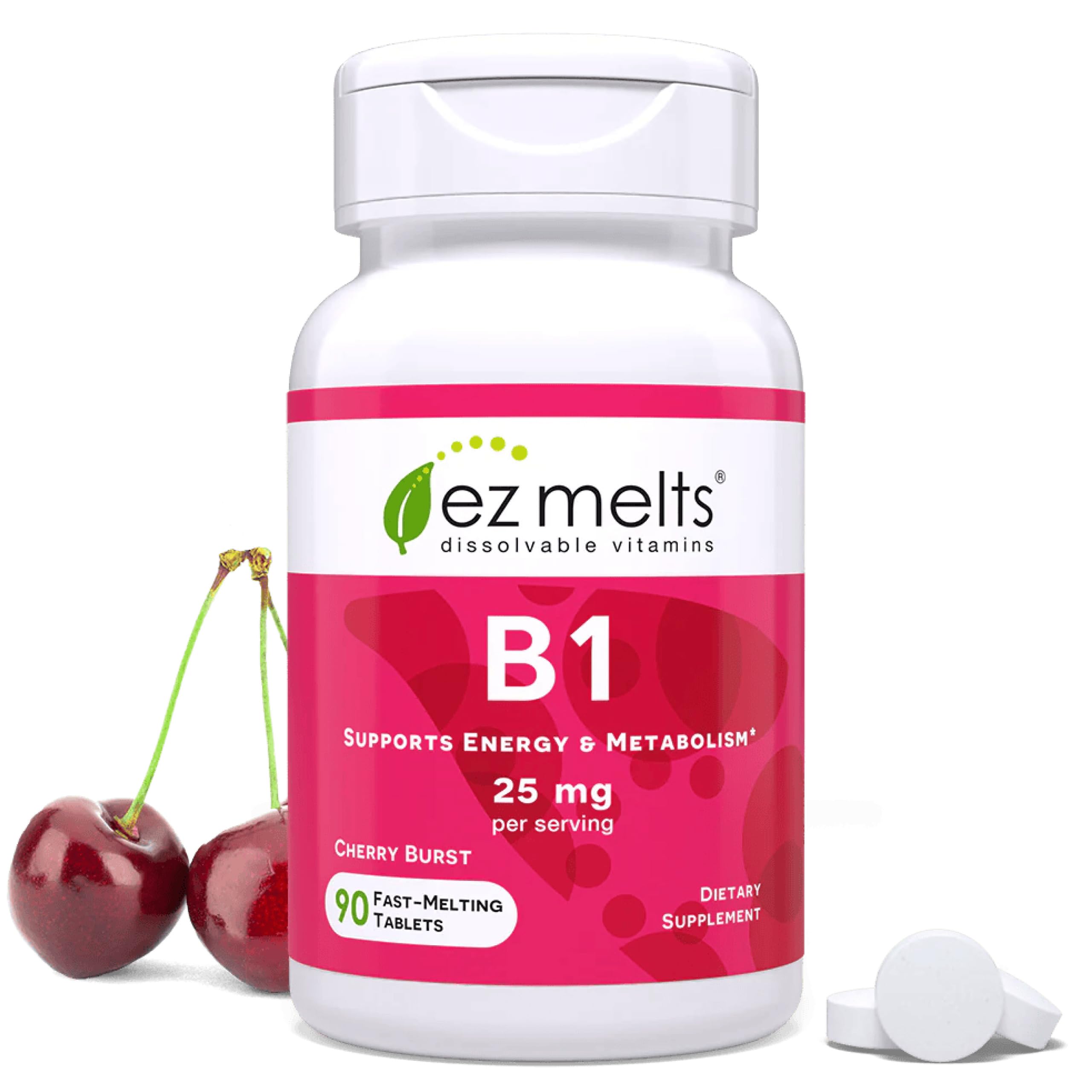 EZ Melts Dissolvable Vitamin B1 25 mg - Thiamin Supplement for Energy, Stress & Cellular Support - No Artificial Flavors - Non-GMO & Vegan - Cherry Burst - 90 Dissolvable Tablets (45 Servings)