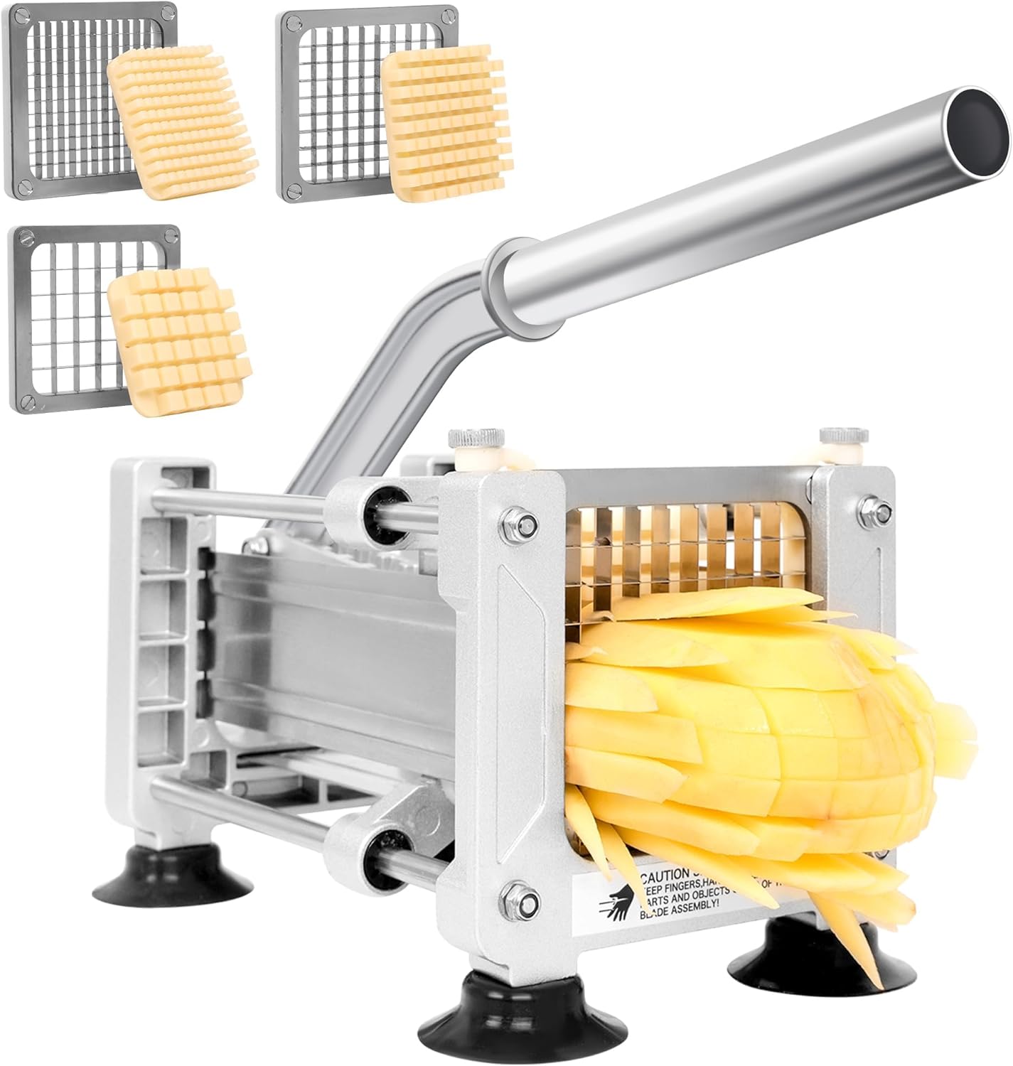 French Fry Cutter for Potatoes, Stainless Steel Potato Cutter for Fries with 1/2", 3/8", 1/4" Replaceable Blades, Glove, and Brush