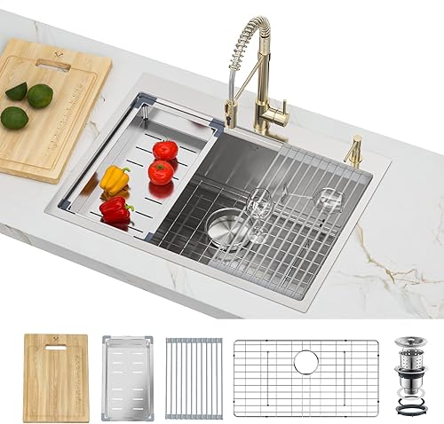 Fregadero de cocina con estación de trabajo de 27 pulgadas, fregadero de cocina de acero inoxidable de calibre 16 con montaje superior de un solo