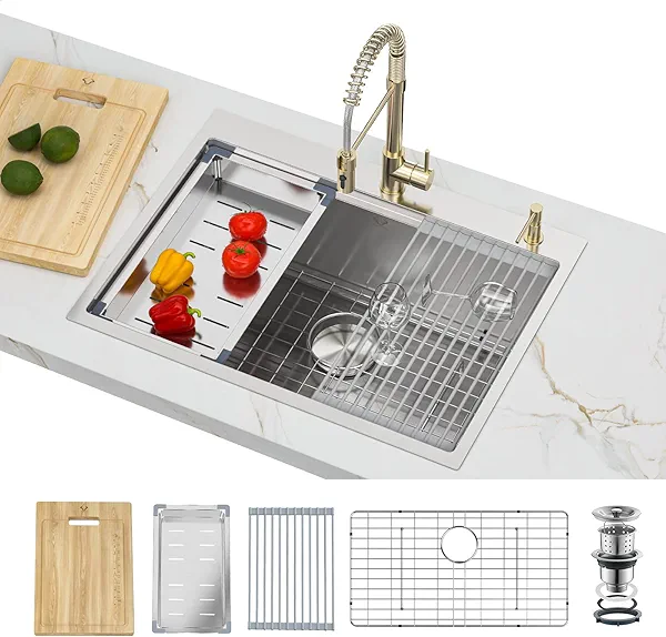 Oxwiser 27 Inch Workstation Kitchen Sink 16 Gauge Stainless Steel Drop-In Topmount Single Bowl Kitchen Sink (27"X22"X10")